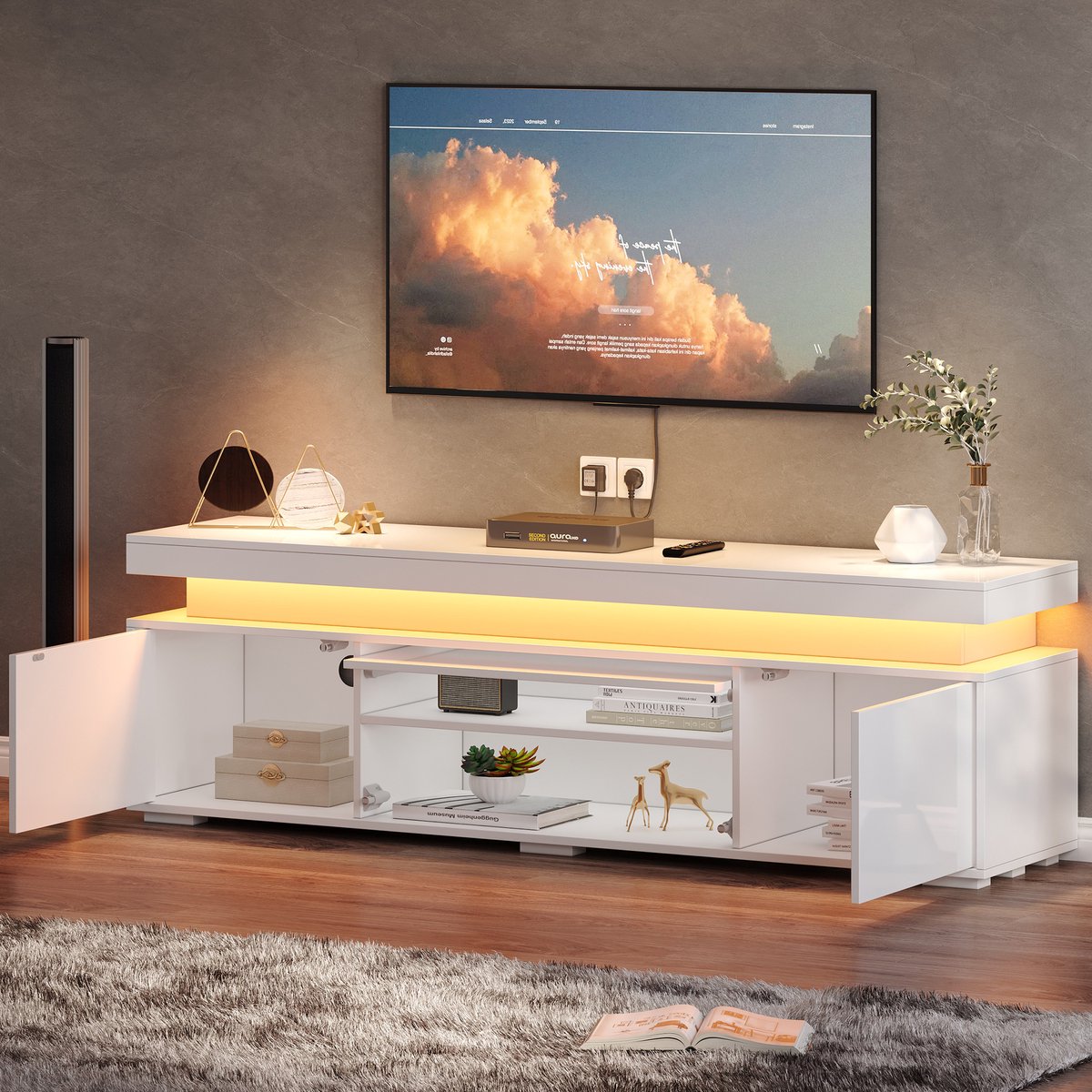 150x35x43 cm tv-meubel - vrijstaande tv-standaard - woonkamerkast - lage kast met LED-verlichting - opbergvakken - wit