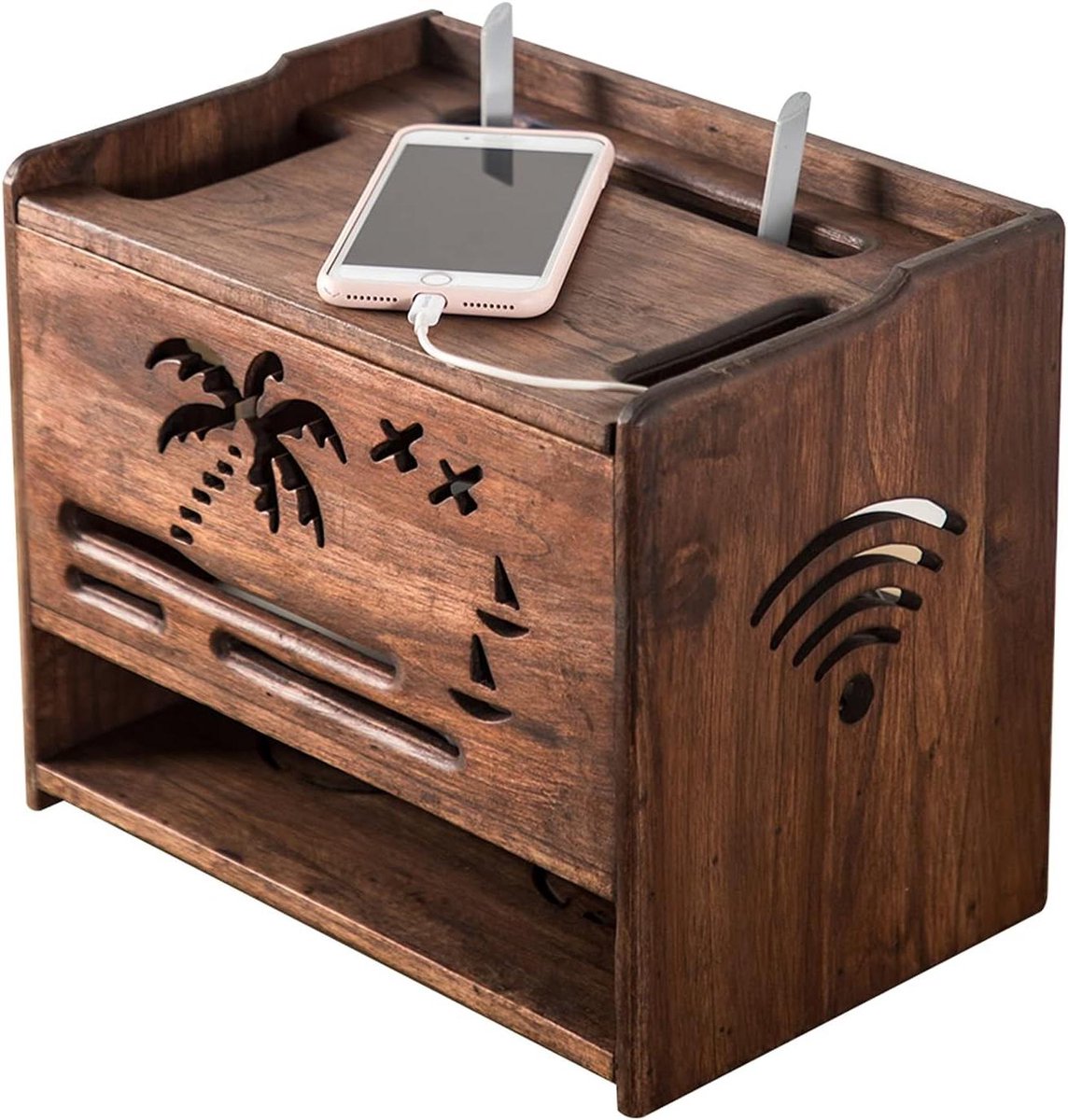 Houten Opbergdoos - Kabel Organizer - Bureau Opruimen - Dubbele Laag - 3000 Gram - Houtkleur