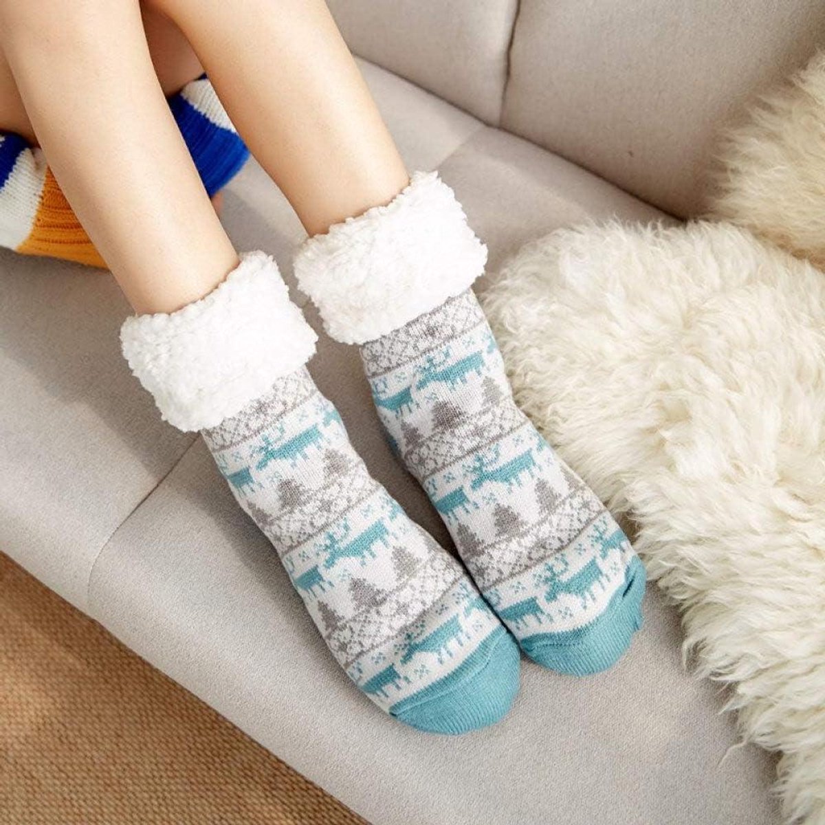 Dames Sokken - Huissokken Pantoffelsokken - Warmte Comfort - Antislip Zolen - One Size - Blauw Sneeuwvlok