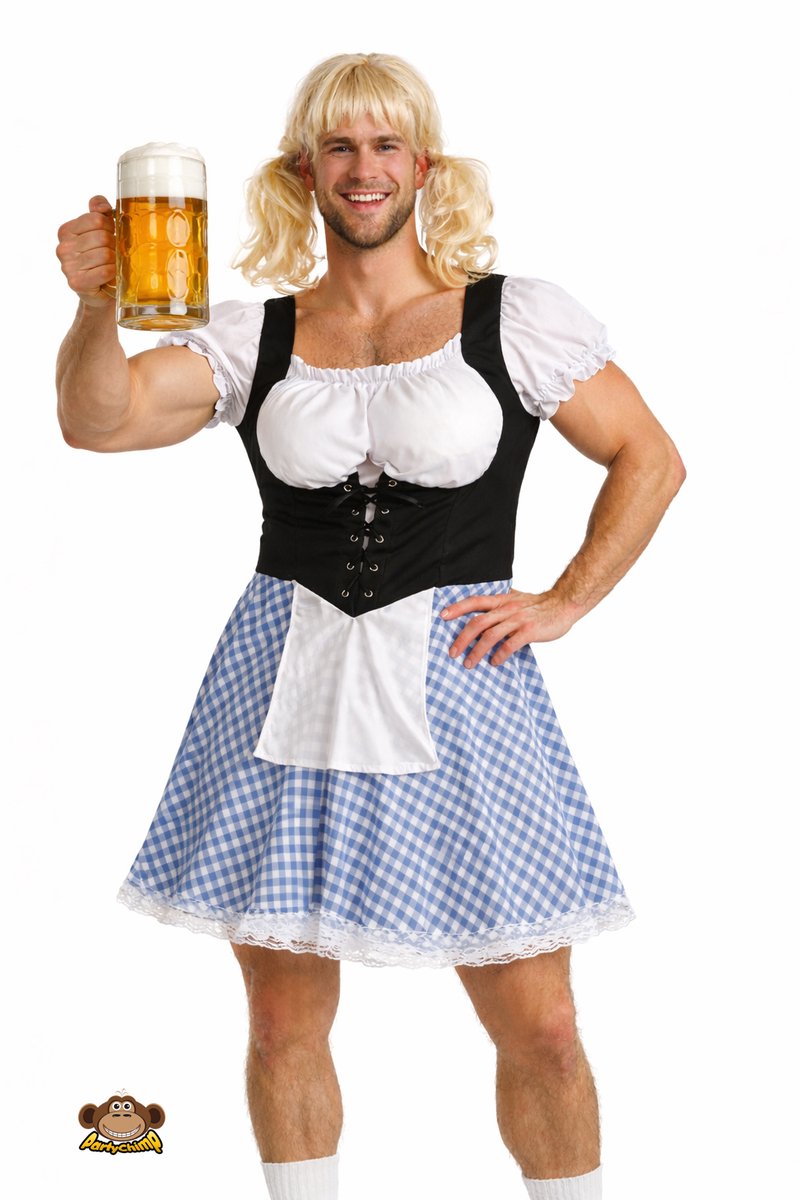 Partychimp 2-Delig Der Alpenrocker Mannendirndl Jurk/Pruik Oktoberfest Heren Lederhosen Man Carnavalskleding Heren Carnaval - Polyester - blauw - Maat L/XL