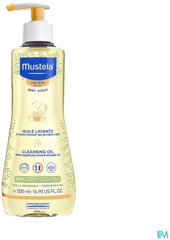 Mustela reinigingsolie voor de droge huid van baby en kind, 500 ml, met biologische avocado-olie.