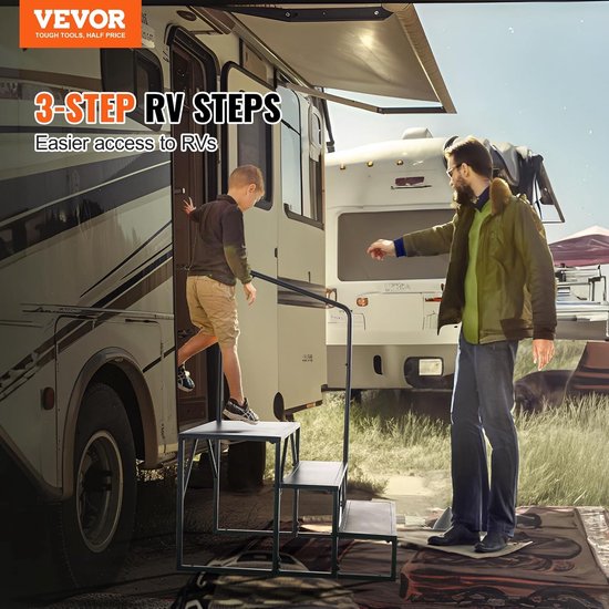 Man helpt kind op een zwarte 3-tredentrappen voor een camper. Titel: 3-STEP RV STEPS.
