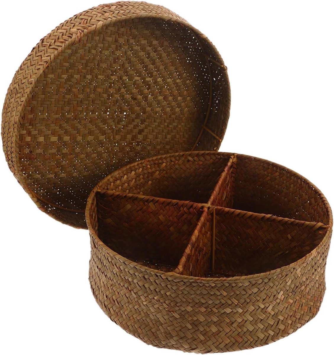 Opbergmand met deksel - Rieten mand - Bureau organiseren - Verdeeld ontwerp - 30 cm - Khaki