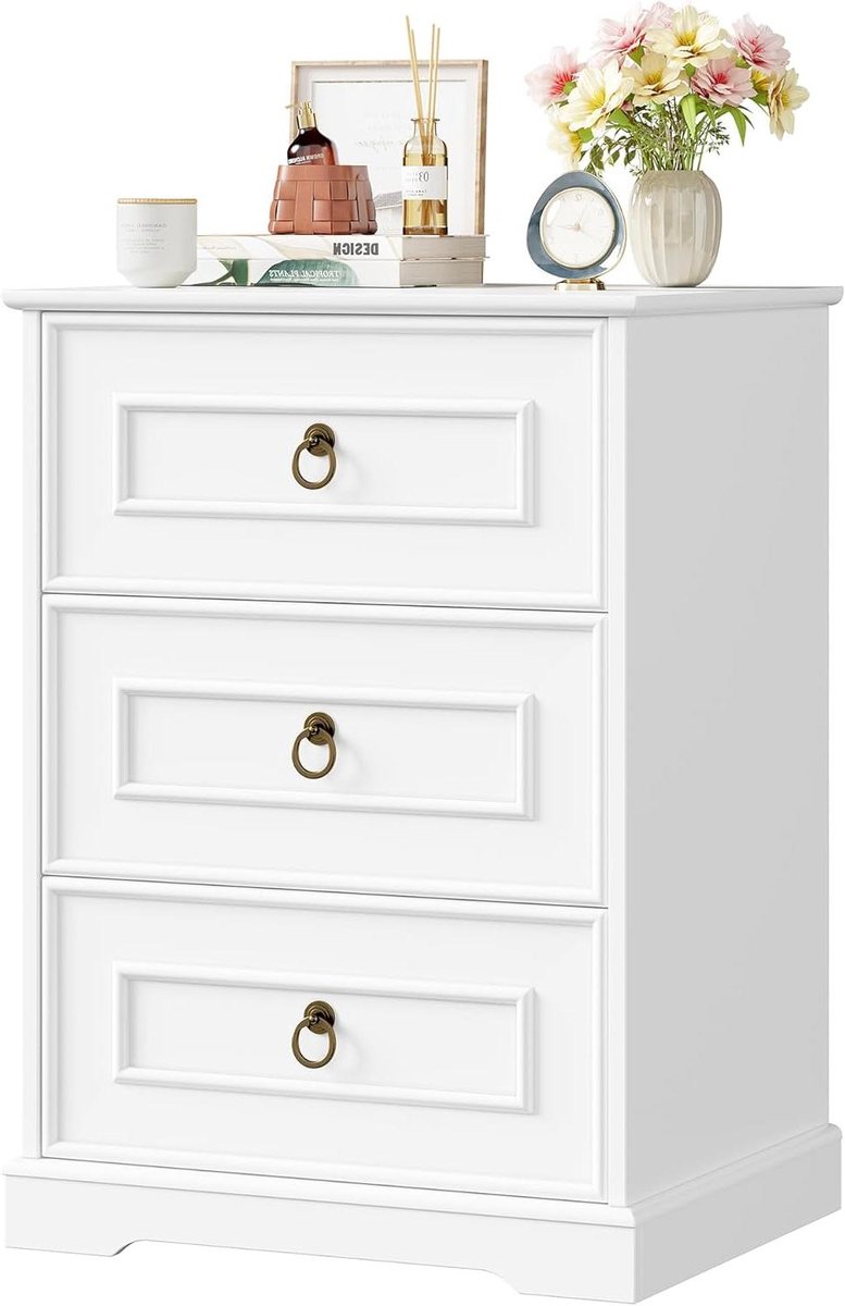 Nachtkastje met laden - Bijzettafel commode - Slaapkamer opbergen - Robuust stabiel design - 45x38x64 cm - Wit