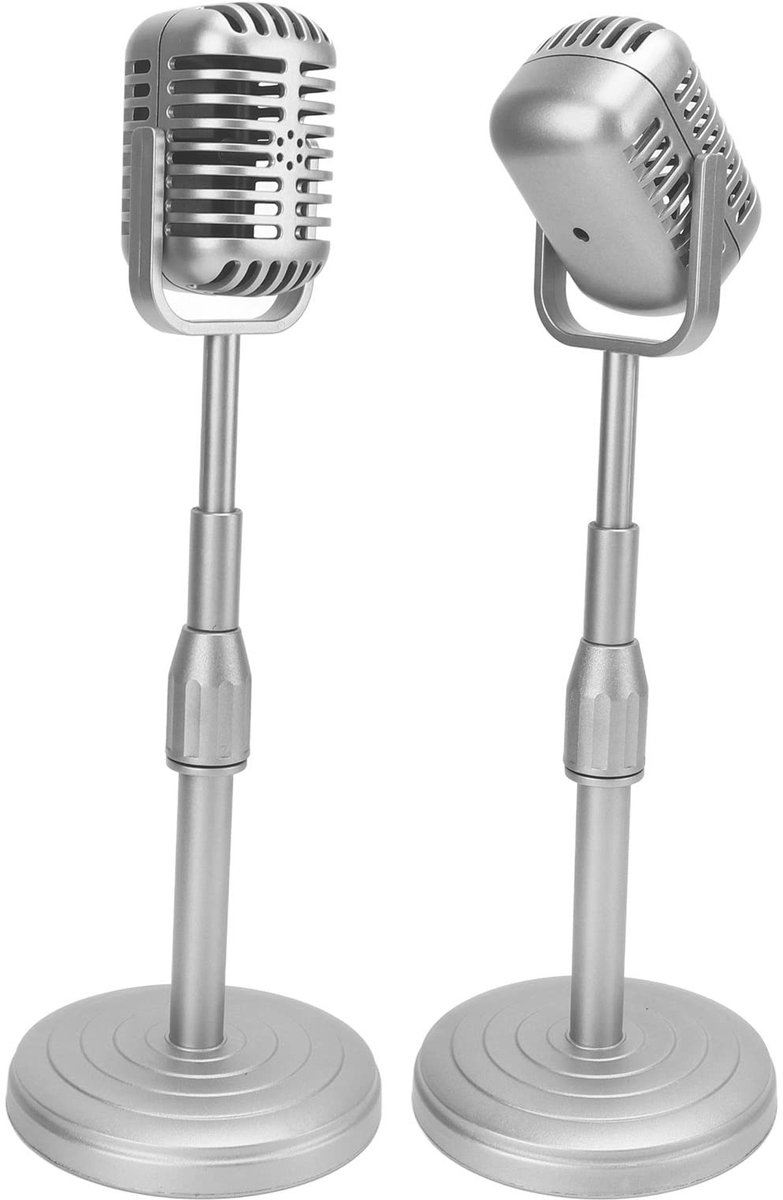 aladdien - Vintage Microfoon Speelgoed - Retro Microfoon Rekwisieten - Verstelbare Standaard - Zilver - Plastic Nep Microfoon - Geschikt voor Fotogr...