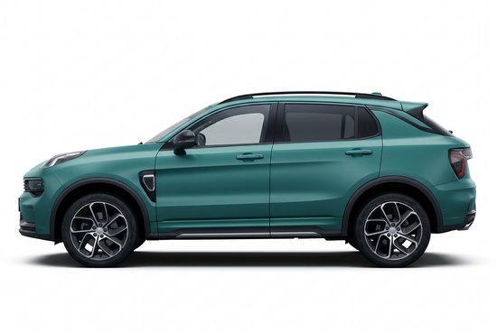 Zij-aanzicht van een glanzend tealgroene Lynk & Co 01 SUV op een witte achtergrond.