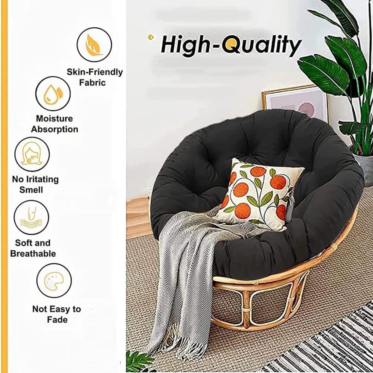 Ronde Hangstoel Kussen voor Papasan Stoel Binnen/Buiten - Dik Zacht Zitkussen (90x90cm, Bo