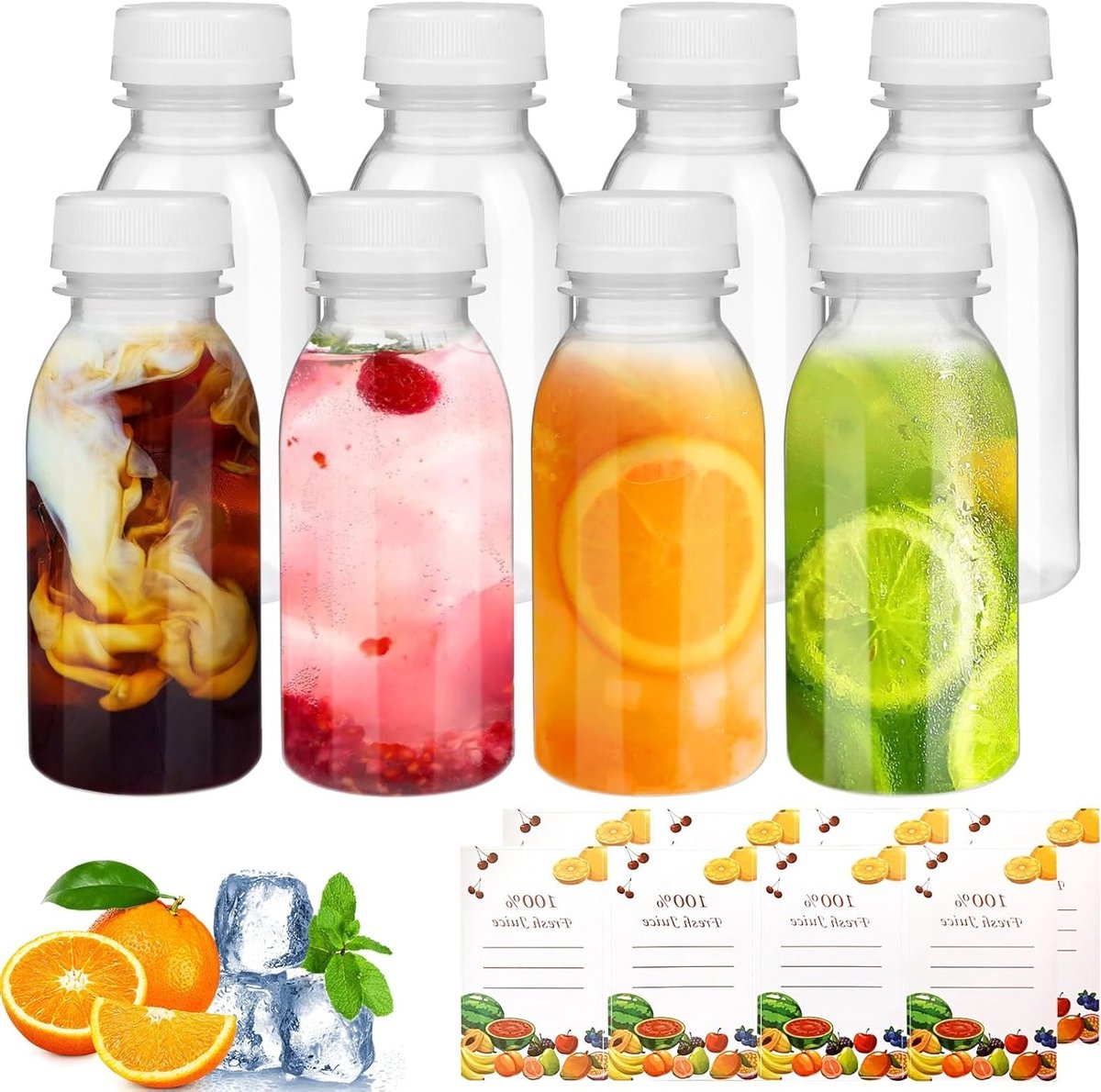 Herbruikbare Lege Flessen 200ml - 8 Stuks Plastic Flessen met Deksel voor Sap, Melk en Dranken, Inclusief 2 Fruitstickers voor Gemakkelijk Vullen