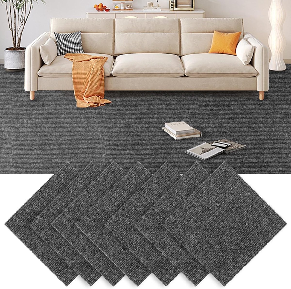 Set van 30 Zelfklevende Tapijttegels 30 x 30 cm voor Kantoor, Woonkamer en Balkon - Donkergrijs, Duurzaam en Eenvoudig te Installeren
