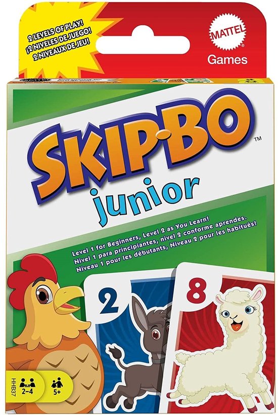 Doos van Skip-Bo Junior kaartspel met kip, ezel en lama.