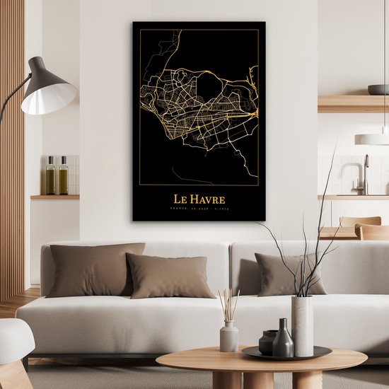 Aluminium schilderij 80x120 cm - Wanddecoratie metaal - Kaart - Le Havre - Zwart - Goud - Metalen muurdecoratie woonkamer - Decoratie industrieel - Foto op dibond - Industriële accessoires slaapkamer