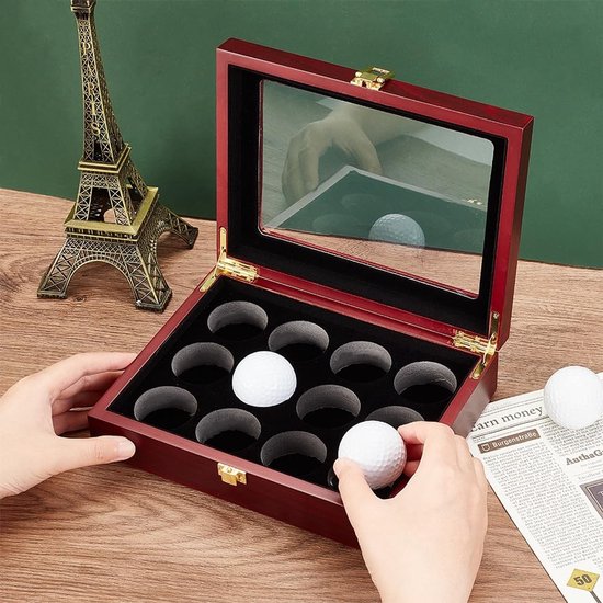 ONF3 - Golfbal vitrinekast - Houten showcase - 12-gaats golfbal display - Donker Rood - Voor golfbalcollecties - Beschermde kast - Compact formaat van Onf3 — afbeelding 2