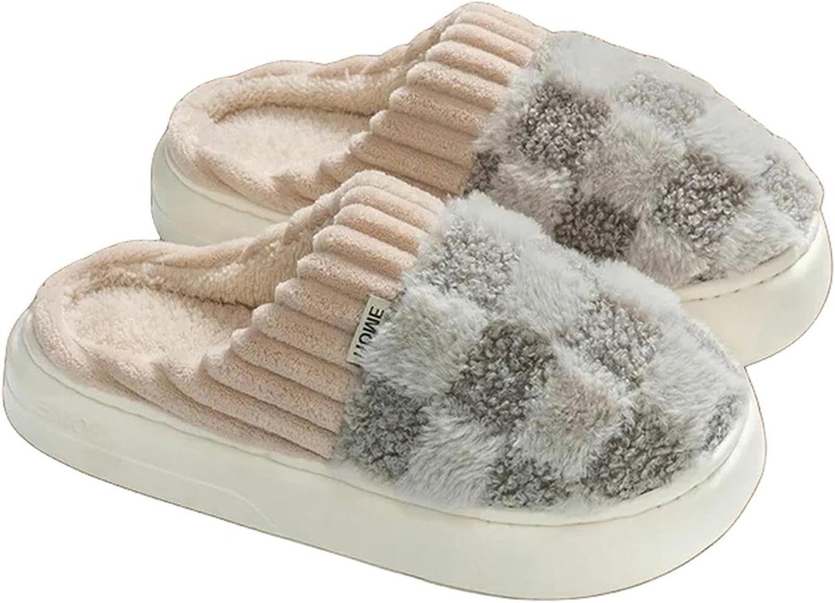 Katoenen Pantoffels Dames - Pluche Huisschoenen - Warmte en Comfort - Dikke Plateauzool - 3cm Hakhoogte - Rood-Wit Geruit