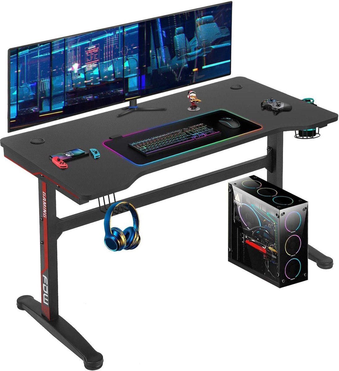 Gamingtafel 120 cm met Full-Surface Muispad, Cupholder en Socket Rack