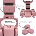 Detailfoto's van een roze verstelbare kettlebell en dumbbell, met kliksysteem en antislipdetails.