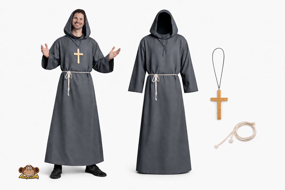 Partychimp 3-Delig Monnik Tuniek/Touw & Kruis kostuum volwassenen Verkleedkleren Heren Carnavalskleding Halloween - grijs- Polyester - Maat XL/2XL
