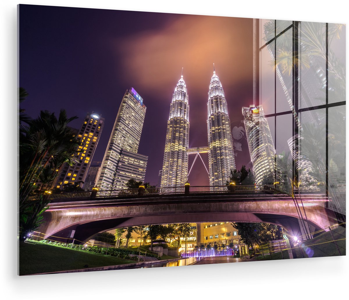® Glasschilderij 60x40 cm - Schilderij acrylglas - Prachtige paarse lucht boven de Petronas Towers - Foto op glas - Muurdecoratie woonkamer - Wanddecoratie slaapkamer - Schilderijen