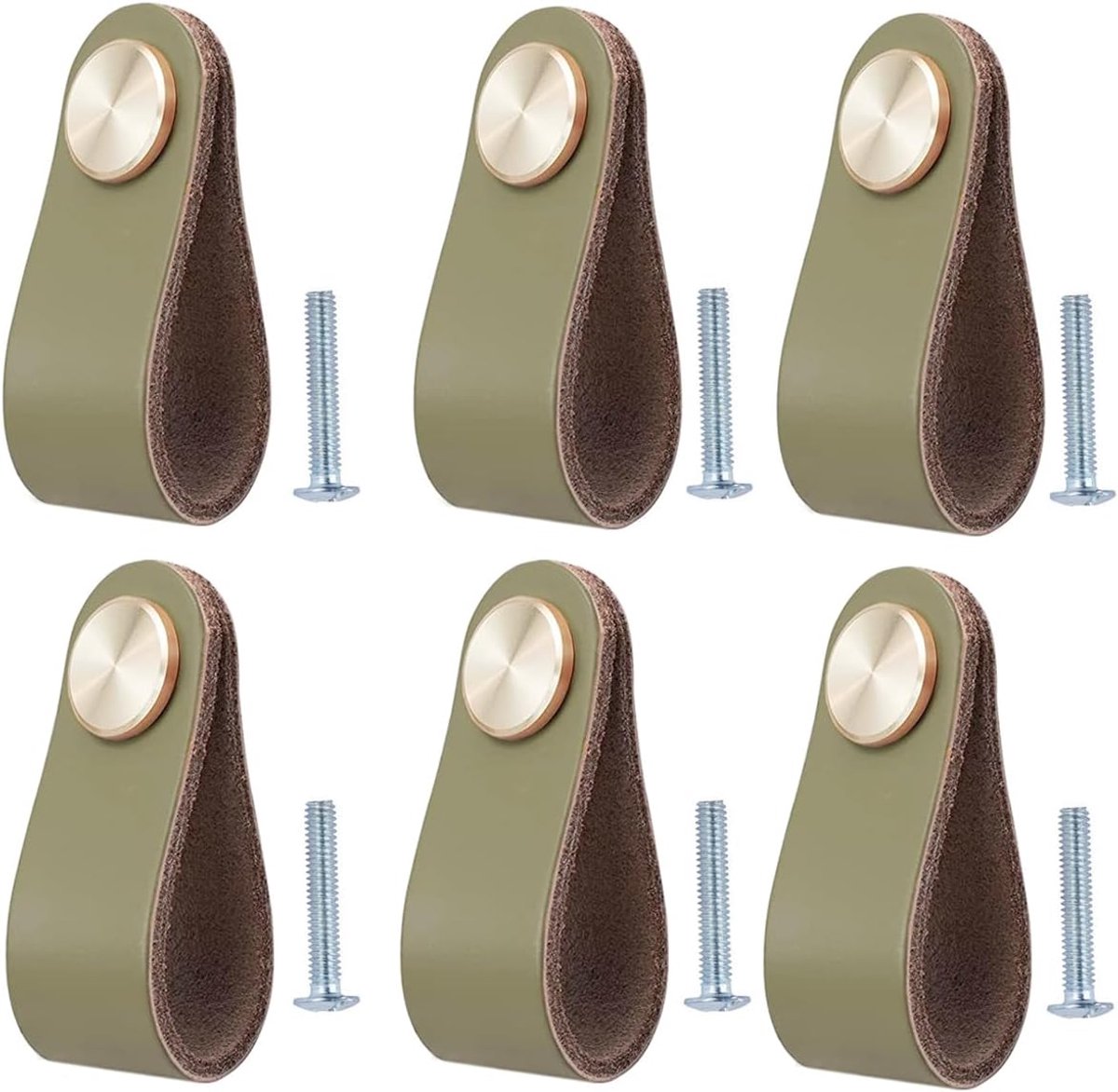 Lederen Handgrepen Set - Meubelknoppen Leer - 6 Stuks - Handgemaakt Rundleer met Messing - Keuken Kast Lade Renovatie - Grijs