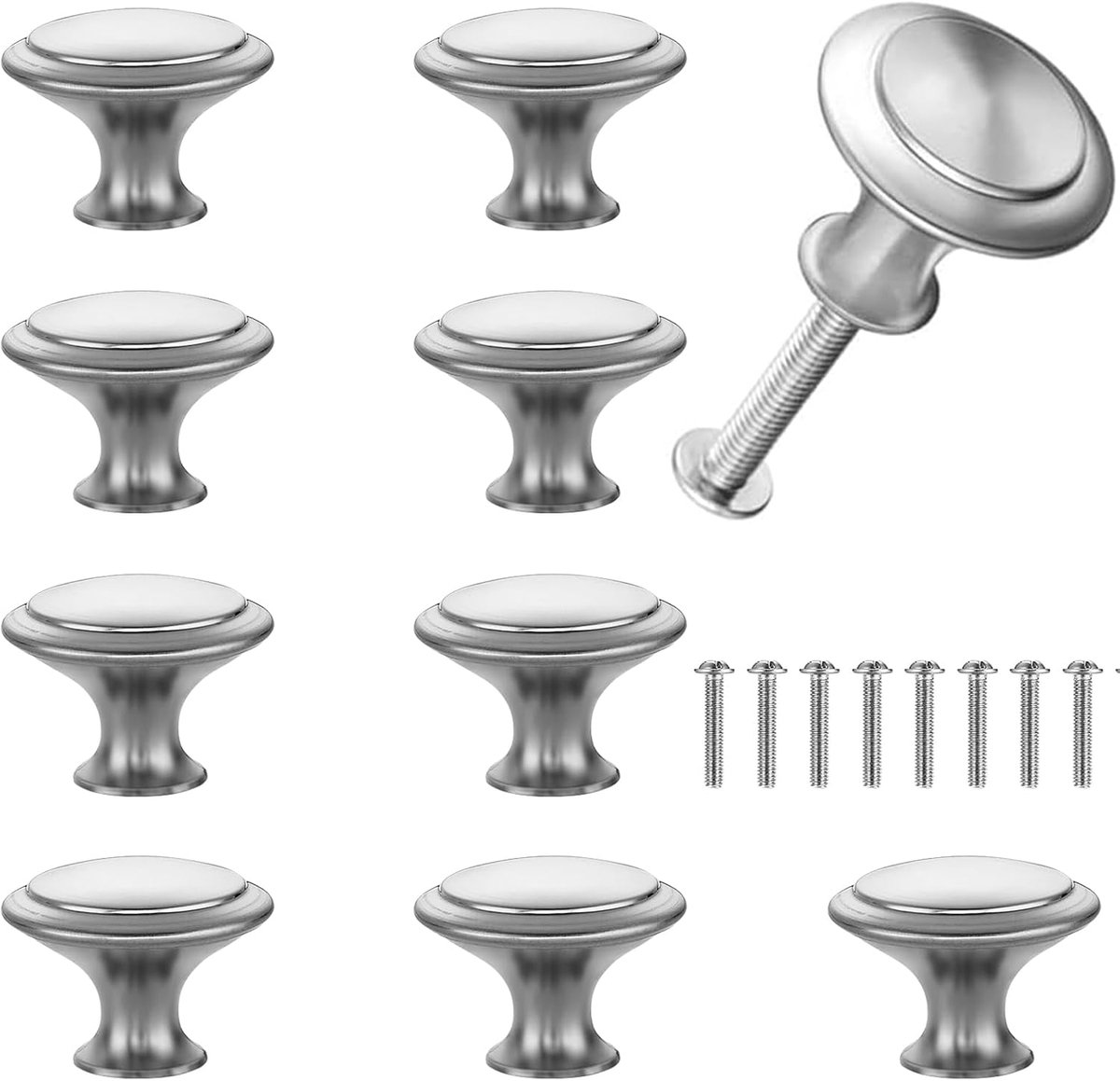 Meubelknoppen Set - Roestvrij Staal Kastknoppen - 10 Stuks - Eén Gat Ladeknoppen met Schroeven - Voor Keuken Kledingkast Badkamer - Zilver
