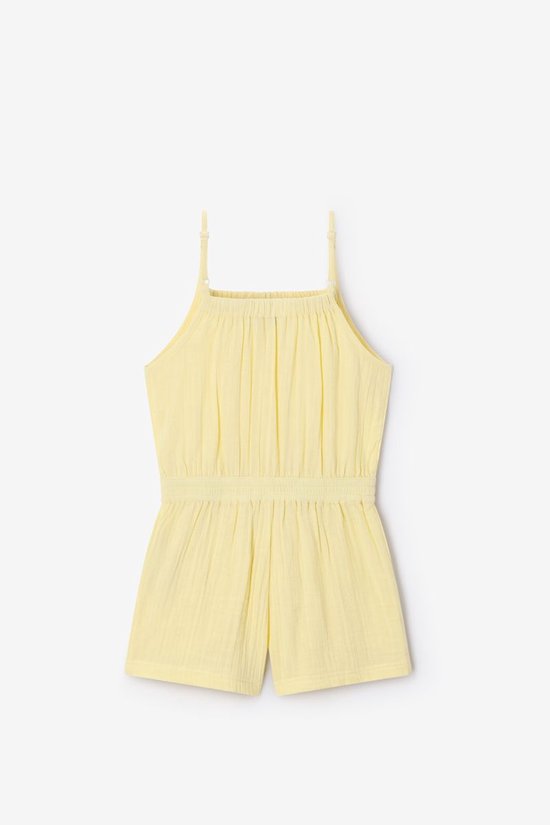 Lichtgele playsuit met spaghettibandjes, gerimpelde taille en korte broek.