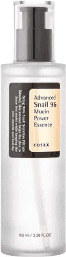 Fles COSRX Advanced Snail 96 Mucin Power Essence met zwarte pomp en label.