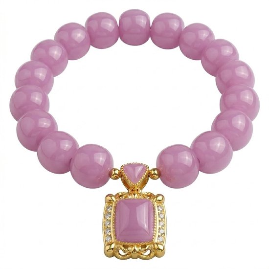 Bracelet élastique pour femme, or et violet, orné d'un pendentif carré et de pierres décoratives.