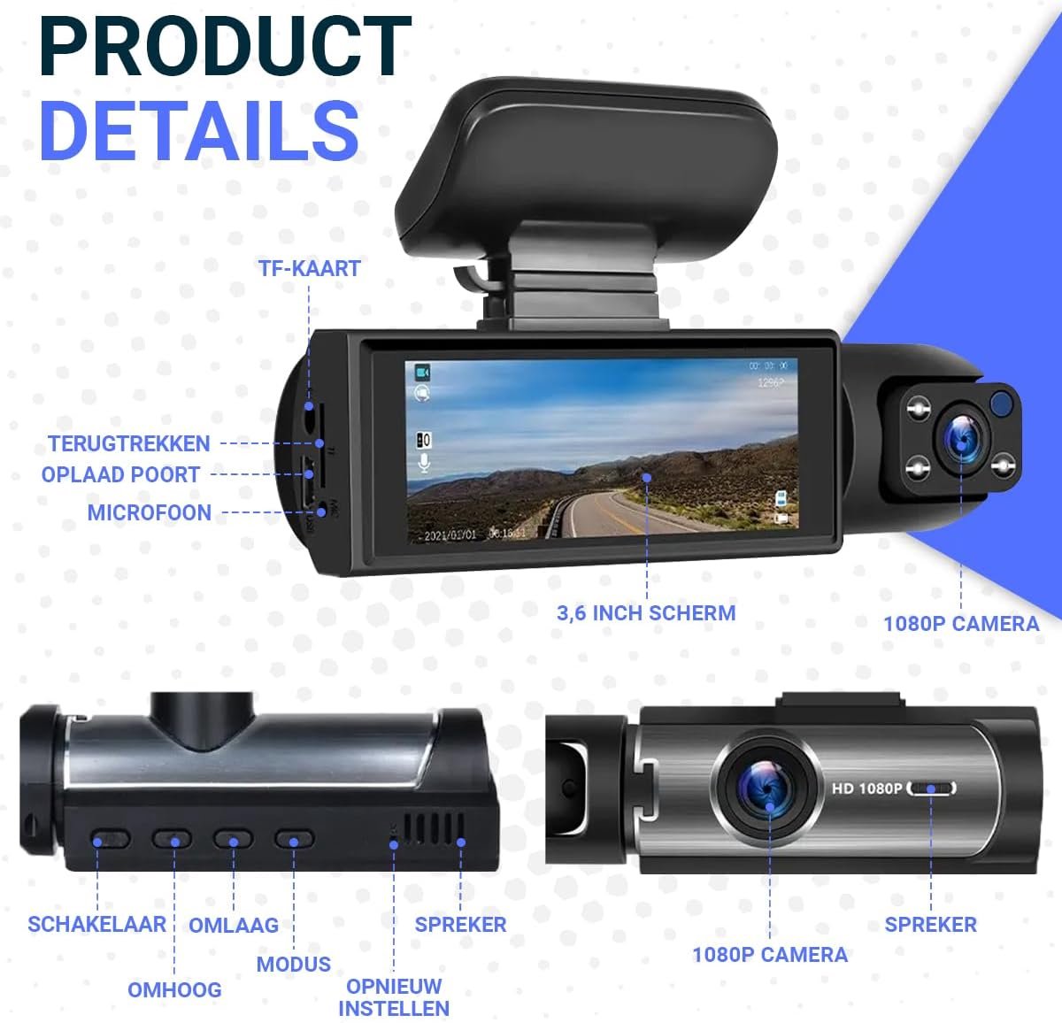 Dashcam voor auto - Inclusief WIFI & APP - Dubbele lens rijrecorder - Bewegingsdetectie en parkeermodus - G-sensor - Full HD - 170° groothoeklens - Loop-opname - Micro SD-kaart 32 GB – foto 2
