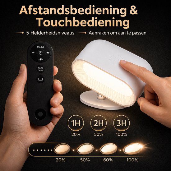 Heuts Goods - Wandlamp - Wandlamp Binnen - Magnetische Wandlamp - Wandlamp Oplaadbaar - Nachtlampje - 360 graden draaien - 5 Standen Dimbaar - 3 Kleuren Warm Wit - Op Tijd Instelbaar - Wit van Heuts Goods — afbeelding 4