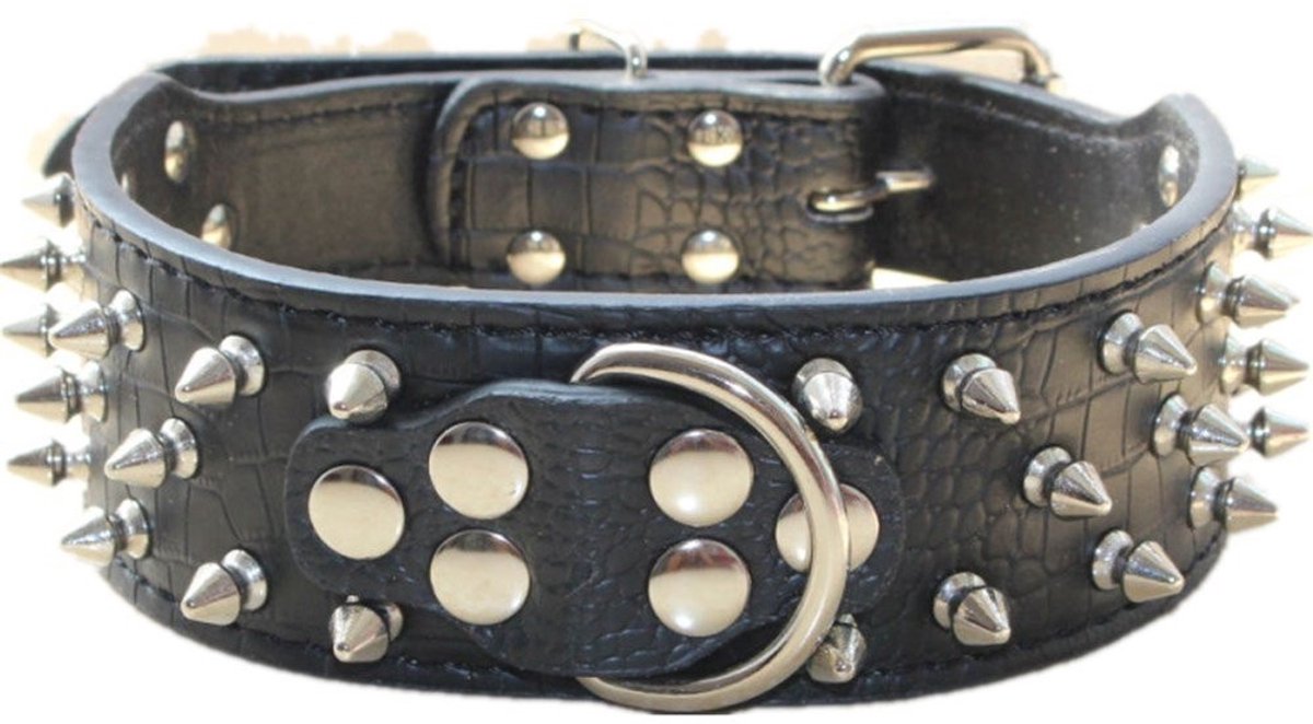 Allecto - Spiked Leather Dog Collar - Studs en spikes - Stijlvolle leren hondenhalsband - Zwart - Geschikt voor middelgrote en grote honden - Comfo...