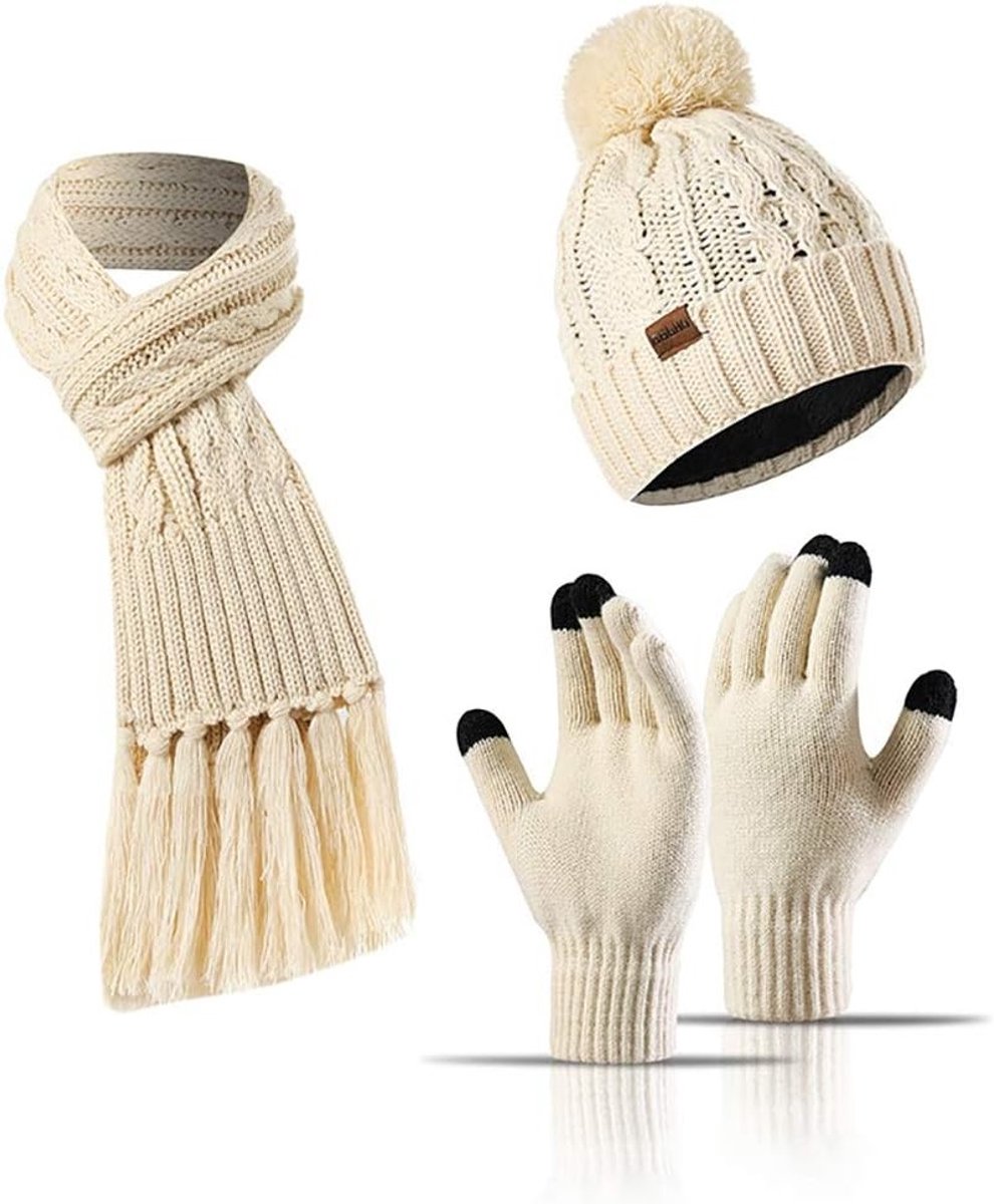 Winterset voor Dames en Heren: 3-delige Set met Muts, Sjaal en Touchscreen Handschoenen in Beige voor Koude Dagen