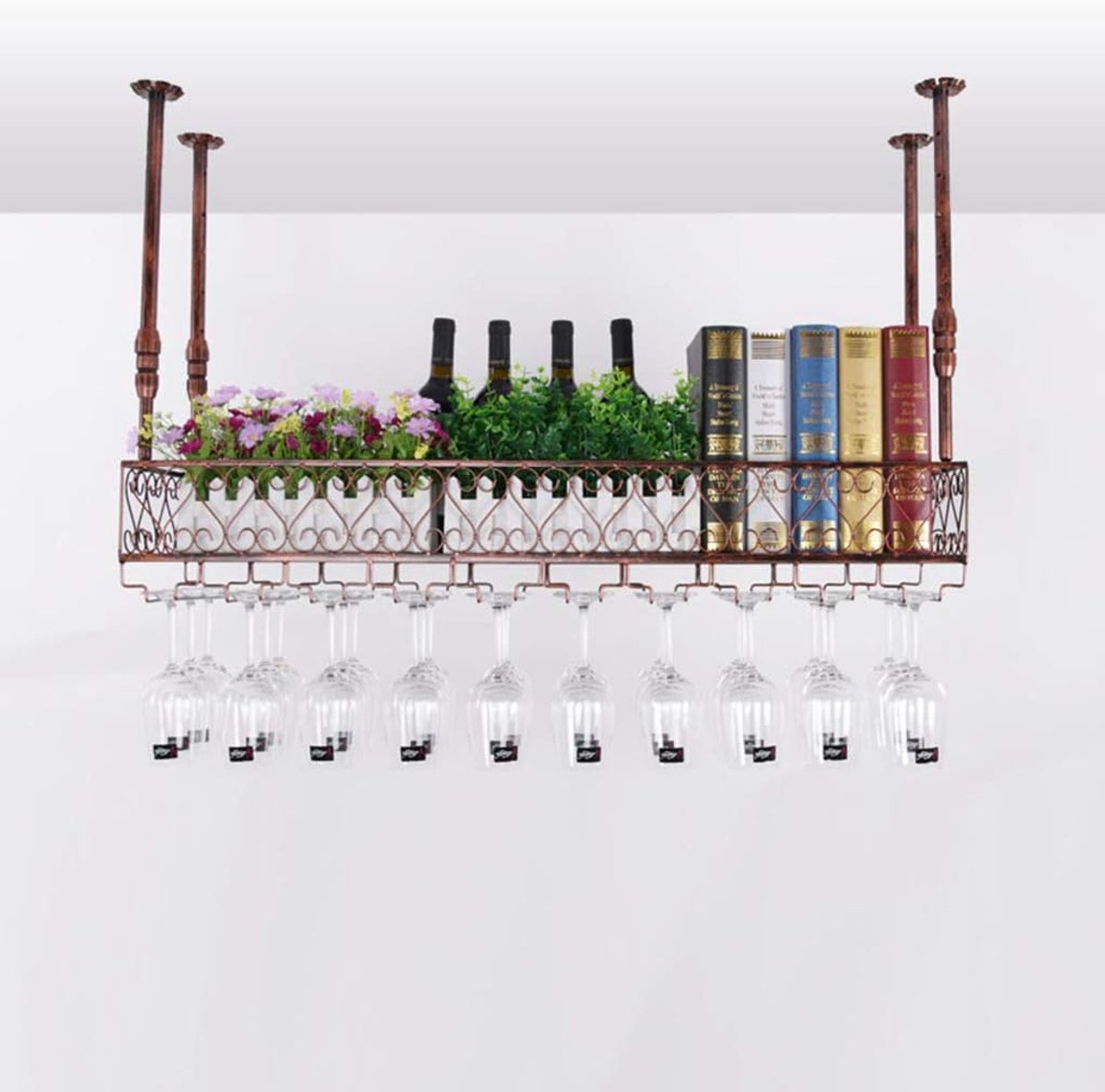 Wandgemonteerd wijnrek bar unit met glazenhouder en flessenrek – 30 x 25 cm – verstelbare hoogte 30–60 cm – industrieel metalen wandplank wijnopslag – brons – HomebyNicole