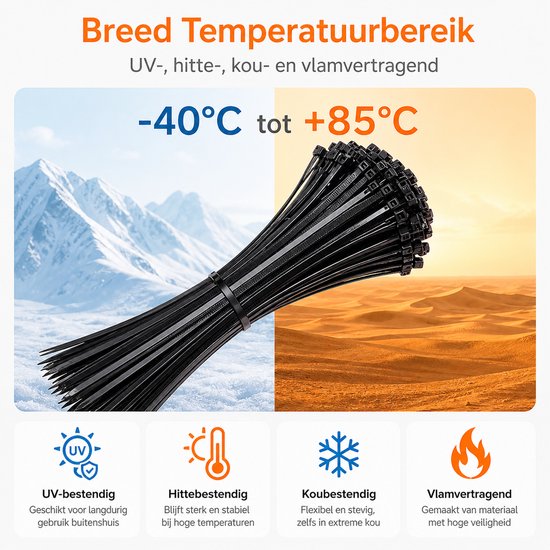 Zwarte kabelbinders, bestand tegen -40°C tot +85°C, UV-, hitte- en koudebestendig.