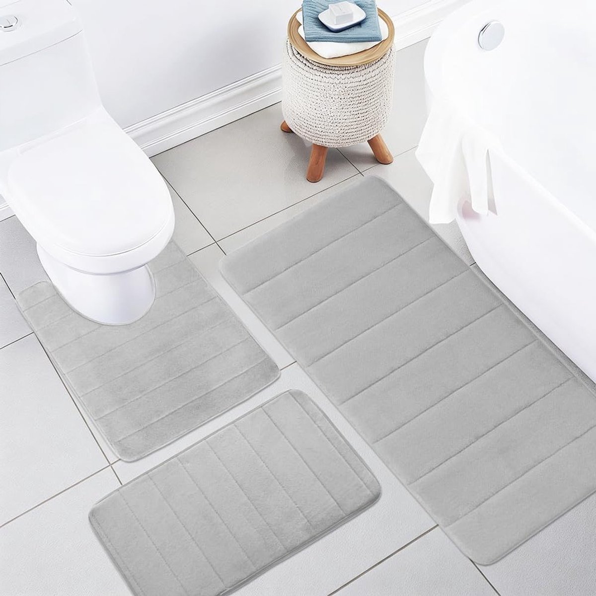 3-delige badmatset van traagschuim, antislip en wasbaar badkamertapijt voor douche en toilet, lichtgrijs en comfortabel