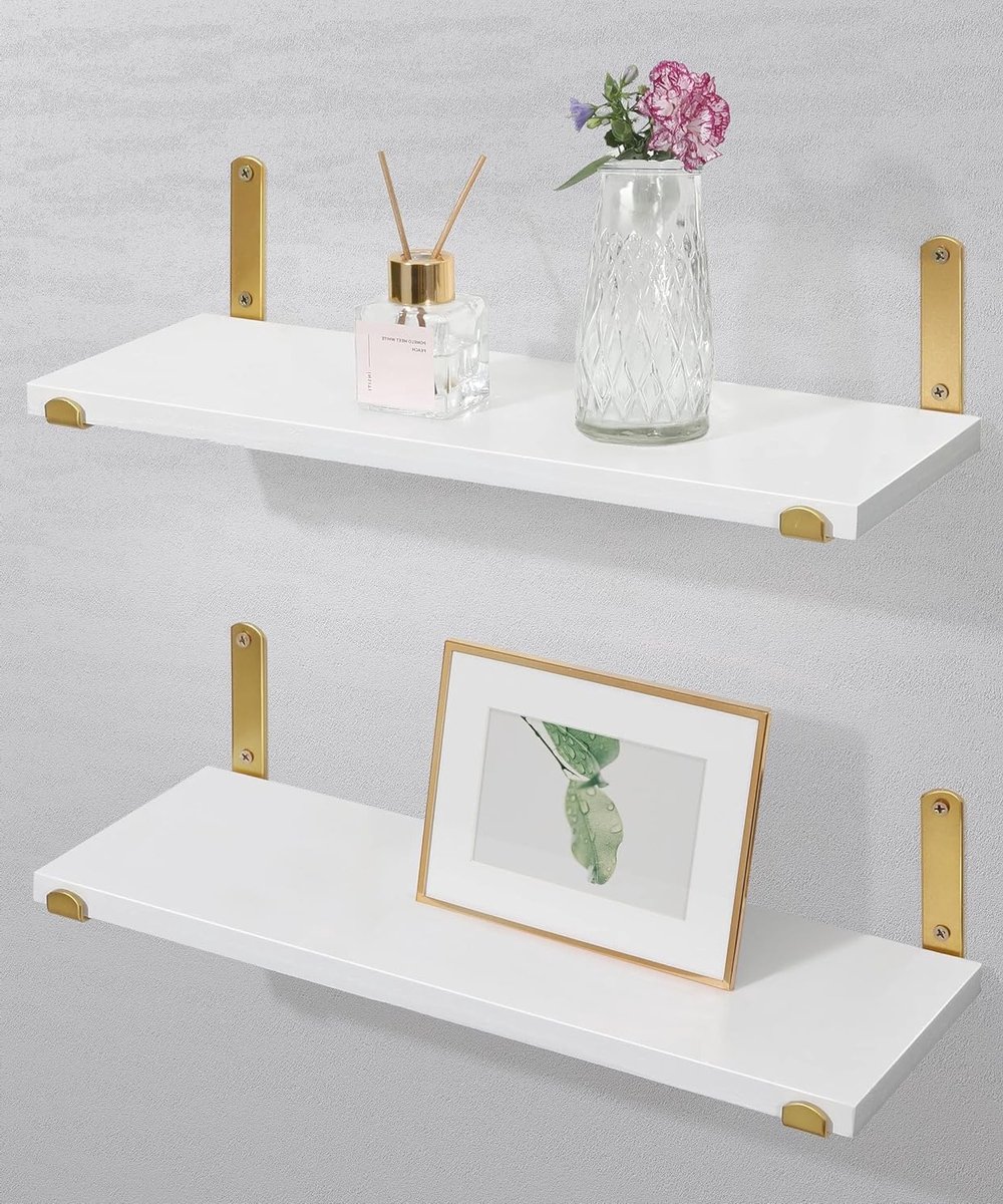 Witte en Gouden Wandplanken van Hout met Metalen Beugels voor Slaapkamer, Woonkamer en Keuken - Set van 2 voor Opslag en Decoratie