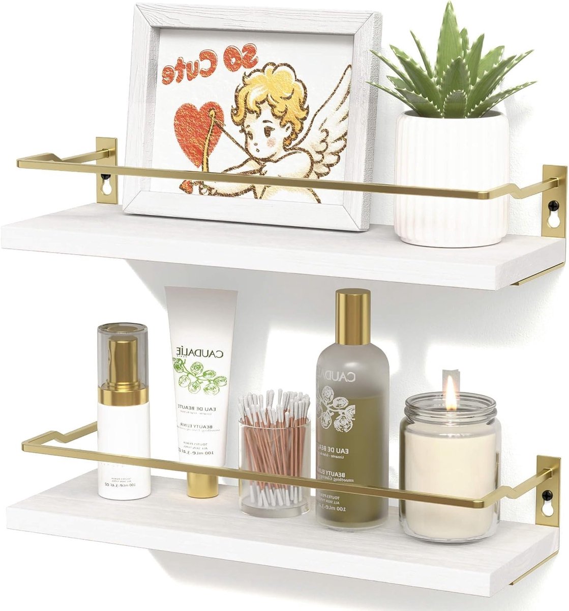Kleine zwevende wandplanken voor badkamerdecoratie, wandmontage houten planken, badkamer wandorganizer met beschermrail, set van 2 voor boven het toilet en extra opslagruimte