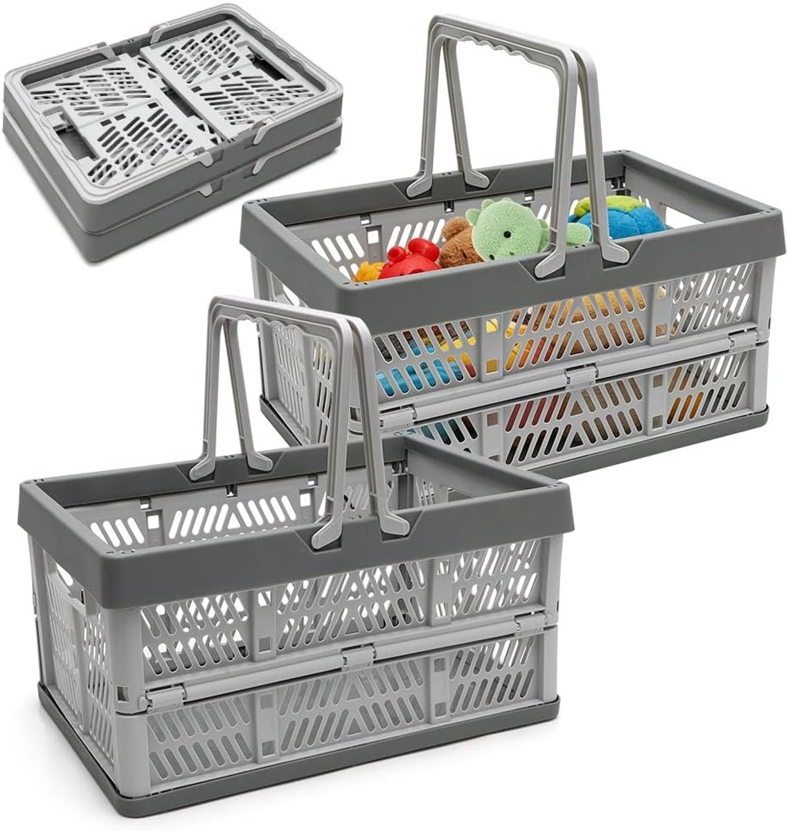 Set van 2 Opvouwbare Opbergdozen met Handvat, Ruimtebesparende Plastic Winkelmand voor Thuis, Keuken en Badkamer (30.5 x 20.5 x 16.5 cm)