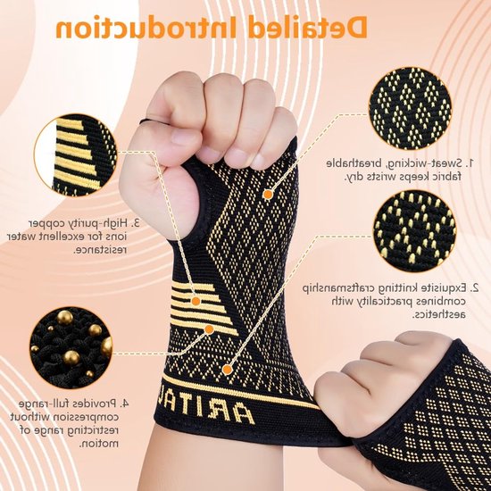 Wrist Support Mouwen Set van 2, Koper Polssteunen voor Links en Rechts, Compressiekousen met Duimlus voor Carpaal Tunnel, Artritis en Tendinitis, Maat S — afbeelding 2