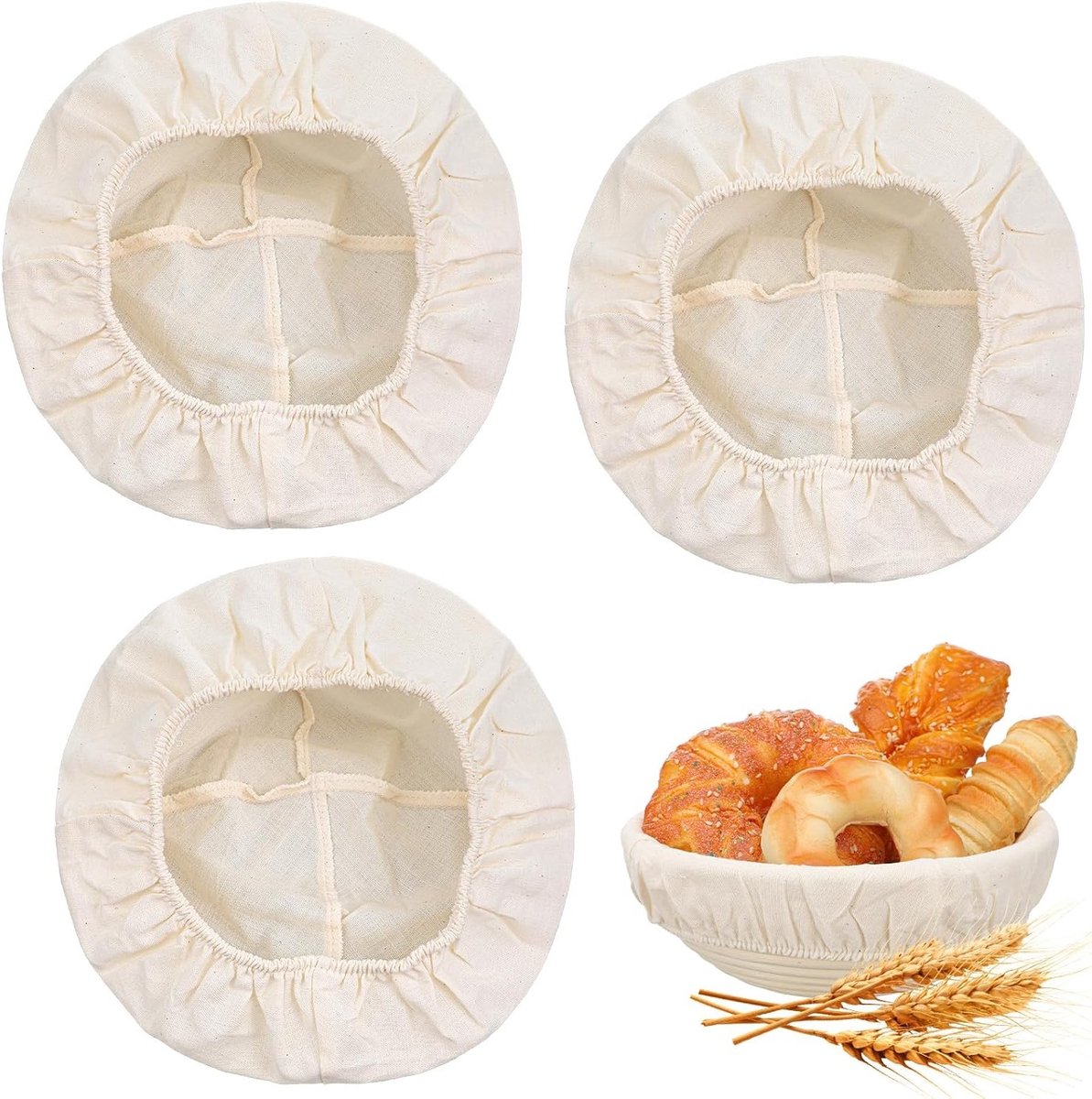 3-delige linnen doek set voor brood, baklinnen voor rijzen, rond fermentatie mandje en broodmandinzet
