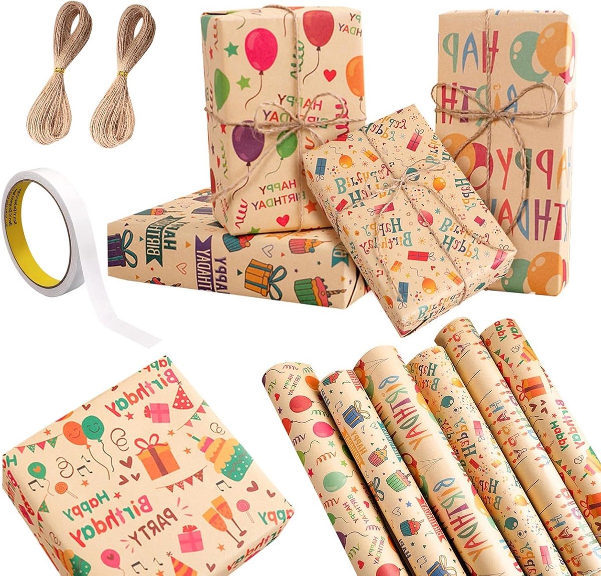 Kraft cadeaupapier 100 g/m², 6 vellen gerecycled papier met plakband en koord, 50 x 70 cm voor feestelijke decoratie en cadeauverpakking