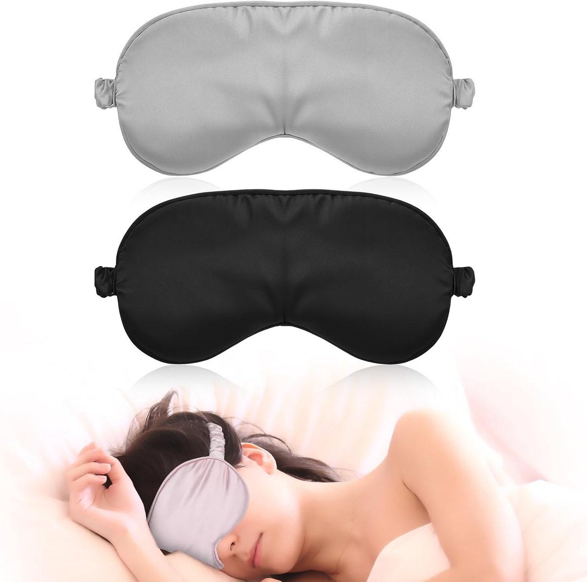 SnelShoppen - 2 Stuks Zijden Slaapmasker - Lichtblokkerend Oogmasker voor Heren en Dames - Zachte Oogband voor Reis en Ontspanning - Zwart + Grijs