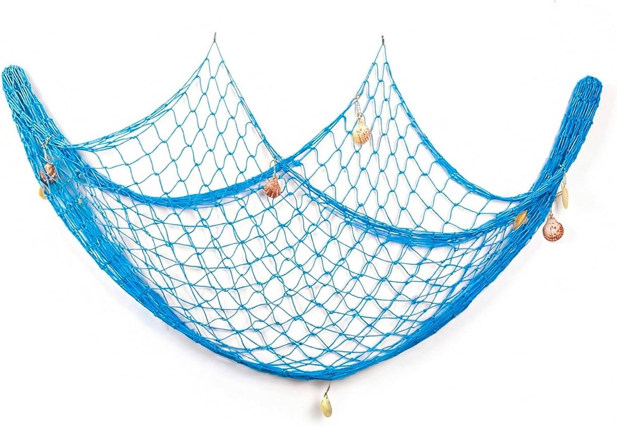 Visnet wandbehang 150 cm x 200 cm, maritieme decoratie, visnet decoratie groot, muurdecoratie voor zee-thema, decoratieve wandbekleding in maan wit en blauw
