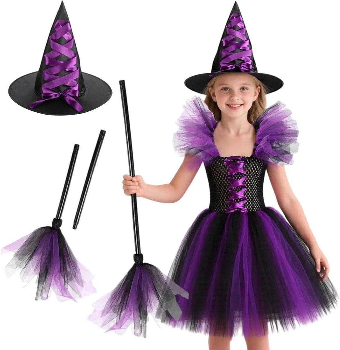 Griezelige Halloween Tovenaarskostuum voor Meisjes met Hoed en Bezem, Perfect voor Carnavalsfeest en Cosplay