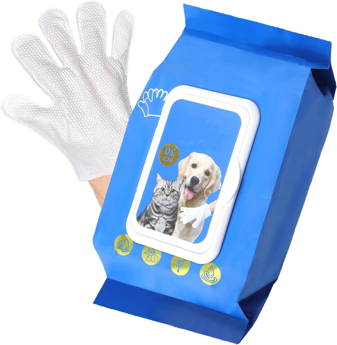 Pack van 20 Nat Wipes voor Honden en Katten, Dubbelzijdige Reinigingshandschoenen, Ideaal voor Reizen en Huisdierenverzorging