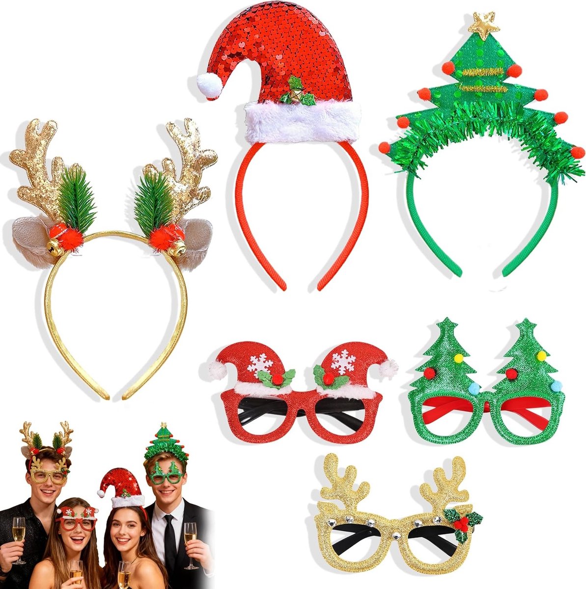 Feestelijke Haarbanden Set met Rendier Antlers en Kerstbril voor Carnaval en Verkleedpartijen - 3 Stuks