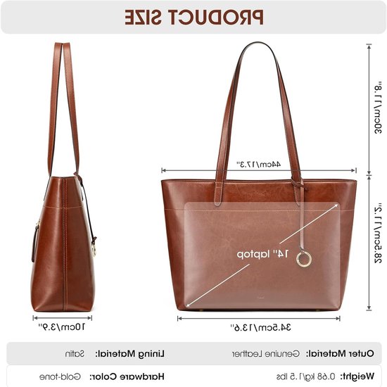 Vintage Leren Tote Bag voor Vrouwen - Grote Handtas met Ritscompartiment voor Werk en Reizen van Merkloos — afbeelding 4