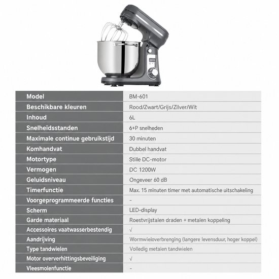 Novari Keukenmixer - Keukenmachine - Keukenrobot - Deegkneder - 1200W motor - 6 snelheden - Stille werking - 6 liter kom - Grijs van Merkloos — afbeelding 4