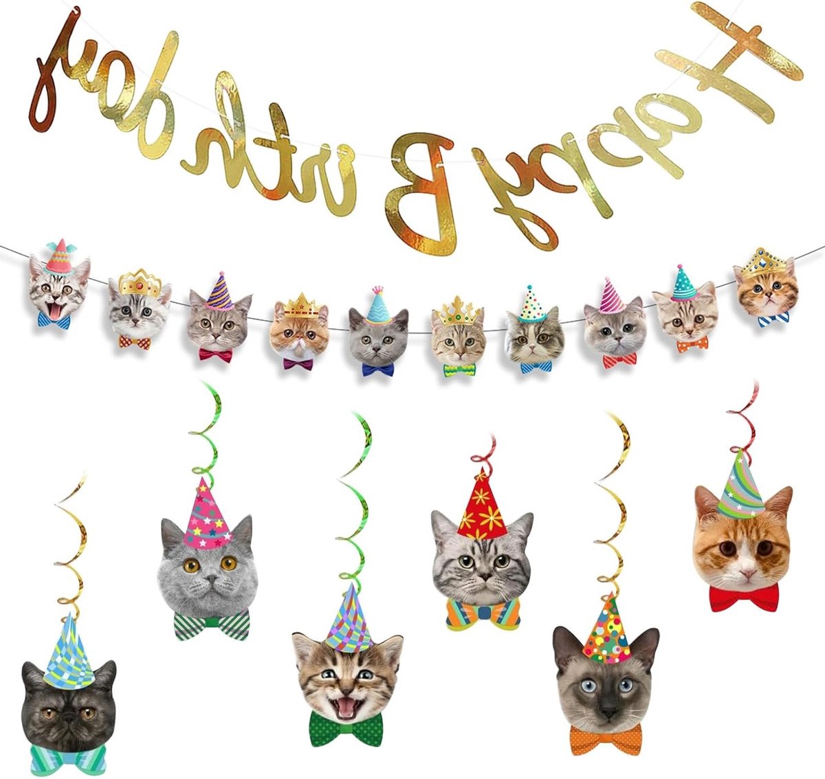 3-delige Verjaardagsdecoratie voor Katten met Happy Birthday Banner en Hangende Versieringen voor een Feestelijke Kattenverjaardag