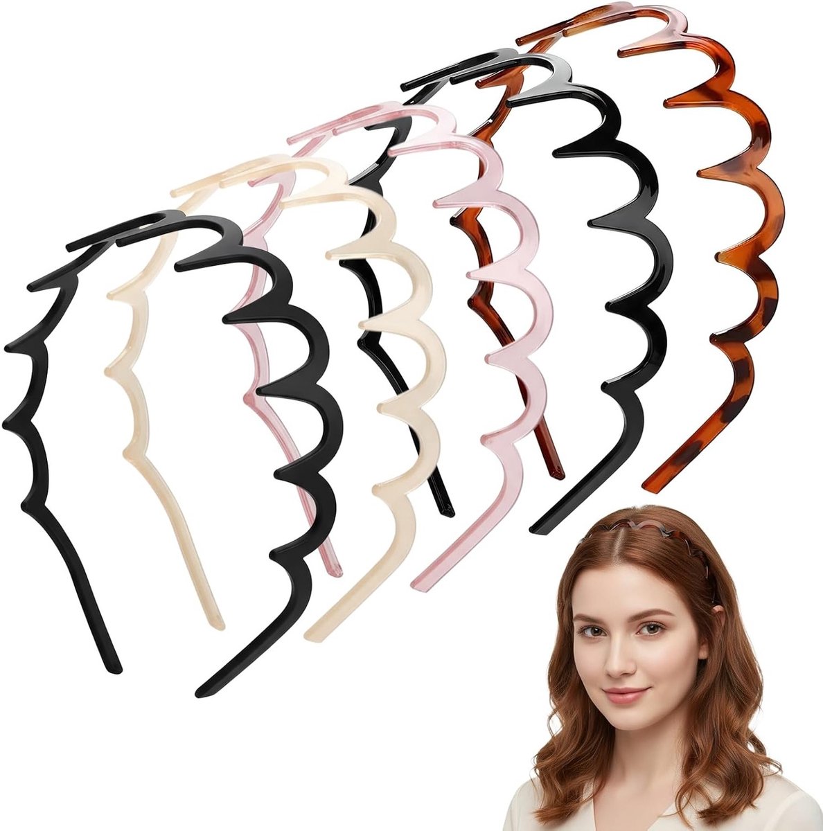 Set van 5 comfortabele golfvormige haarbanden van plastic voor dames, heren en meisjes - ideaal voor yoga, fitness en make-up accessoires