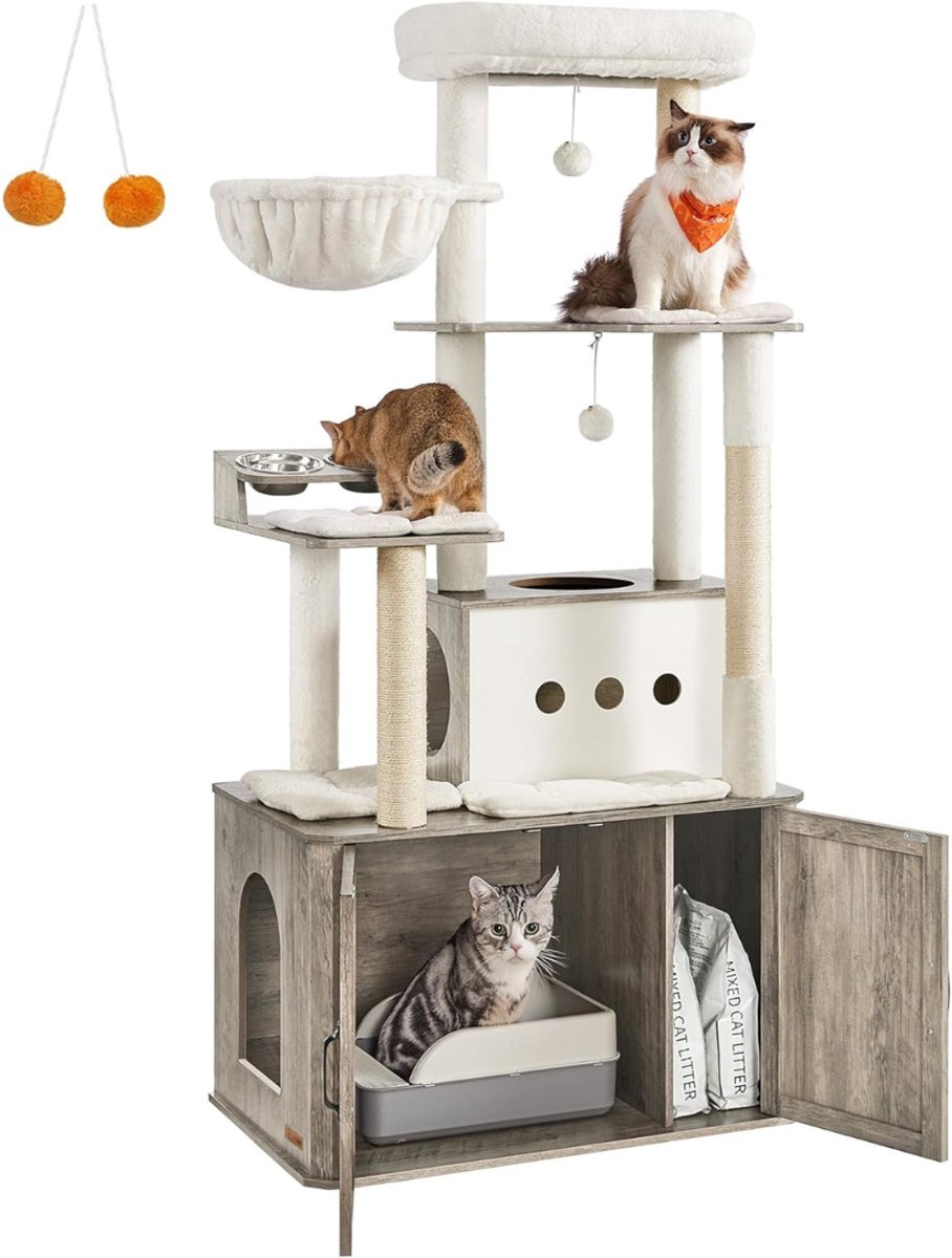 YOR® Krabpaal Voor Zware Katten – Grote & Stevige Krabpaal - Krabpaal Voor Grote Katten - Kat Toren – Krabton – Hoge Krabpaal 90 cm - XXL - Katten Verblijf Met 2 Huisjes – Krabtoren - Grijs gevlekt - 80cm x 49cm x 170cm