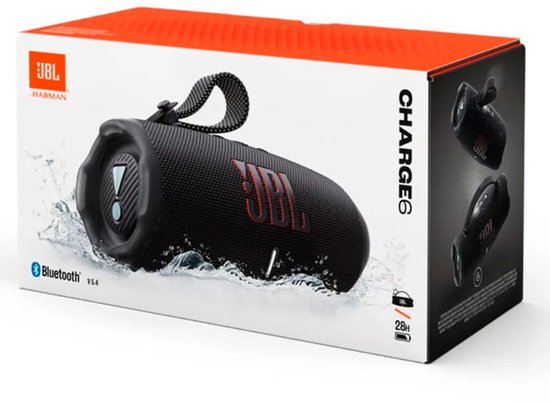 Emballage de l'enceinte JBL Charge 6 noire avec image de l'enceinte dans l'eau.